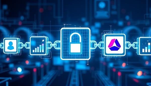 An abstract representation of digital blocks forming a secure chain around ad elements like banners and logos, symbolizing the transparency and security provided by blockchain technology in ad verification, in a visually striking and futuristic style.