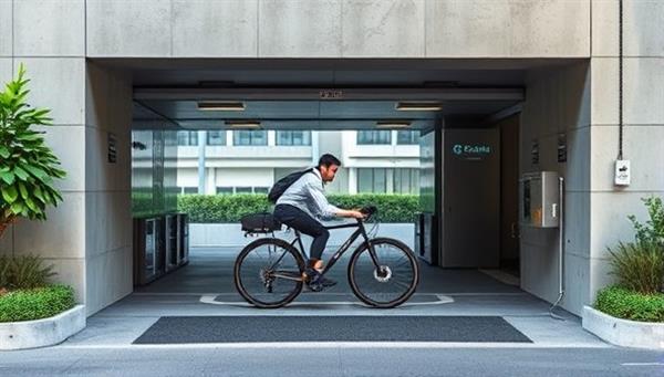 An underground parking facility entrance with a cyclist effortlessly storing their bike in the CycleVault system, featuring automated mechanisms and advanced security measures, surrounded by a modern urban landscape, highlighting the convenience and safety of the innovative bicycle parking solution.