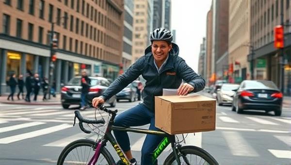 A dynamic image of a bike courier navigating through city streets, carrying a package with a smile, showcasing the speed and eco-friendly nature of BikeBuddy