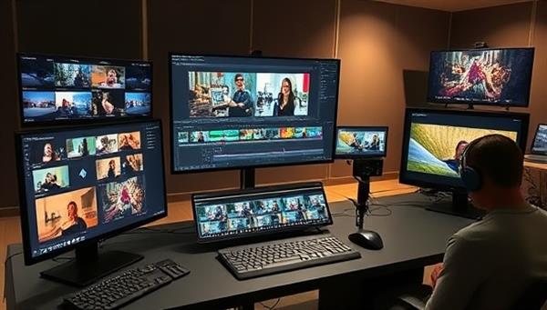An educational setting with a professional video editing workstation, showcasing editing software interfaces, footage samples, and creative editing techniques, symbolizing the learning environment and practical skills taught in video editing courses on the EditPro platform, inspiring creativity and skill development.