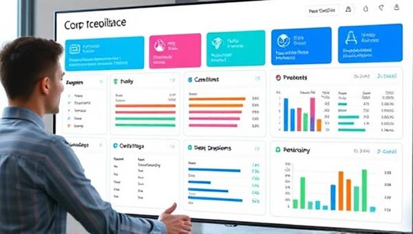 An image of a compliance dashboard displaying various regulatory requirements and status indicators, with a business professional reviewing the data on a computer screen, highlighting the importance of automated compliance monitoring.