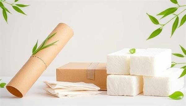 A visually appealing image of eco-friendly packaging materials, such as bamboo wrapping paper and cornstarch-based cushioning, showcasing the biodegradable and sustainable aspects of the products.