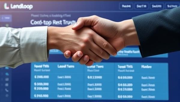 An engaging visual of two people shaking hands over a digital interface displaying loan terms and investment opportunities, symbolizing the trust and connection fostered through peer-to-peer lending on the LendLoop platform.