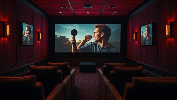 A cozy mini theater with plush seating, dim lighting, and a large screen displaying a captivating branded short film, surrounded by subtle ad placements, creating an intimate and immersive cinema experience that blends entertainment and advertising seamlessly.