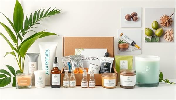 A beautifully styled flat lay image showcasing a collection of GlowBox Wellness subscription boxes filled with botanical skincare products, wellness supplements, aromatic candles, and relaxation aids, arranged against a backdrop of lush greenery and calming spa visuals, evoking a sense of rejuvenation and tranquility.