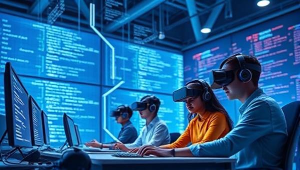 A futuristic digital illustration of a virtual coding lab environment with floating lines of code, virtual reality headsets, and diverse students collaborating on coding projects, symbolizing innovation, creativity, and digital learning in the tech industry.