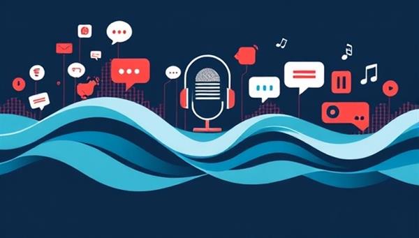An imaginative audio wave graphic with diverse sound symbols (microphone, headphones, speech bubbles) intertwining and forming a visual representation of storytelling through podcasts, evoking a sense of creativity and immersive audio experiences.