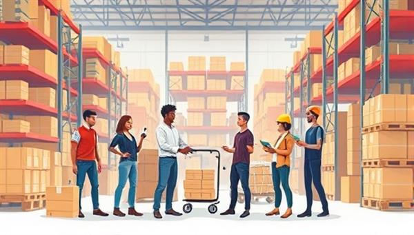 An engaging illustration showcasing a diverse group of warehouse workers collaborating seamlessly in a dynamic warehouse setting.