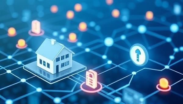 An innovative visualization of a blockchain-powered real estate investment platform, featuring digital tokens representing property shares, blockchain transactions in progress, and a secure decentralized network, symbolizing transparency and efficiency in real estate investments through blockchain technology.