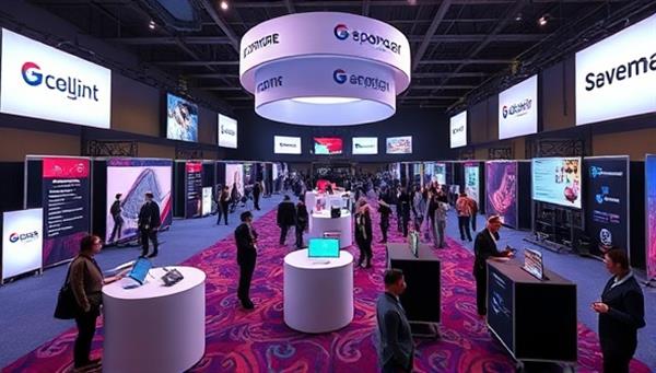 An immersive virtual event setting with virtual booths and interactive sponsor displays, creating a dynamic and engaging environment for attendees and sponsors alike.