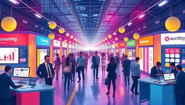 A vibrant visual representation of a digital marketplace bustling with activity, showcasing accountants and businesses connecting and collaborating on various accounting projects, symbolizing a dynamic and efficient accounting solutions ecosystem.