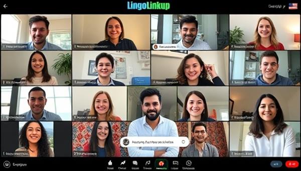 A diverse group of individuals engaged in a virtual language exchange meetup on the LingoLinkup platform, with video calls and text chats in multiple languages, showcasing the dynamic and interactive nature of the peer-to-peer language exchange community.