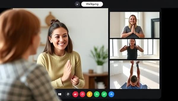 A virtual wellness coaching session scenario with a coach guiding a client through mindfulness exercises, nutritional planning, and fitness routines via a video call, creating a supportive and empowering wellness experience through WellSpring Connect.