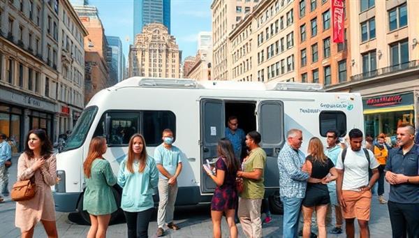 A mobile unit parked in a bustling city square, with healthcare professionals conducting screenings for a diverse group of individuals, showcasing accessibility and community engagement.