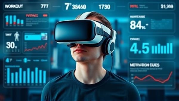 An individual wearing a VR headset, immersed in a virtual fitness environment, surrounded by digital workout metrics and motivational cues, showcasing the futuristic and engaging aspect of FitSphere VR.