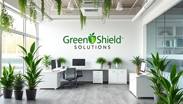 A modern office space with sustainable design elements like plants, natural light, and energy-efficient technology, featuring the GreenShield Solutions logo and branding, symbolizing environmentally conscious insurance solutions.