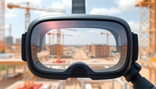An immersive VR headset displaying a lifelike construction site environment with detailed 3D models, showcasing the realism and potential of VR technology in revolutionizing construction planning and visualization processes.