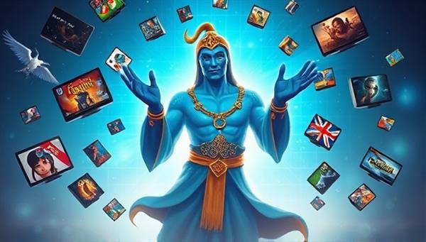 An imaginative depiction of a virtual genie in a digital world, surrounded by floating game titles and genres, symbolizing the magical and personalized game recommendations provided by GameGenie AI to subscribers seeking their next gaming adventure.