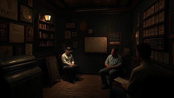 A dimly lit room filled with cryptic symbols, locked chests, and hidden compartments, with participants eagerly examining clues and working together to solve the mystery within a time limit, creating an atmosphere of suspense and excitement.