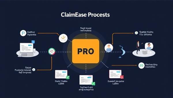 An innovative digital illustration showcasing a seamless and efficient claims management process on the ClaimEase Pro platform, with users submitting claims, receiving updates, and communicating with adjusters in a digital ecosystem that conveys speed, transparency, and convenience.