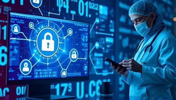 A futuristic medical data visualization on a computer screen, with interconnected blocks representing secure data transactions, a patient accessing their records through a mobile app, and a healthcare provider reviewing encrypted information, symbolizing transparency and data control.
