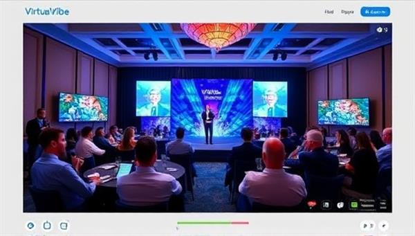 An engaging virtual event scene with attendees interacting in breakout rooms, a speaker delivering a keynote address on the main stage, and vibrant digital visuals, capturing the dynamic and immersive nature of VirtualVibe Events.