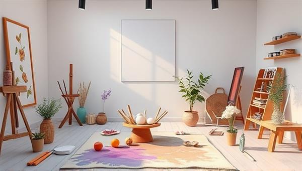 A serene virtual art studio setting with calming colors, art supplies, and soothing music, inviting participants to engage in expressive art activities and mindfulness practices, creating a safe and nurturing space for emotional exploration and healing.