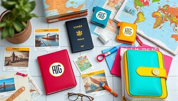 A travel-inspired workspace featuring customized travel accessories like monogrammed passport holders, patterned luggage tags, and travel organizers in vibrant colors, surrounded by travel guides and souvenirs, evoking a sense of wanderlust and adventure.