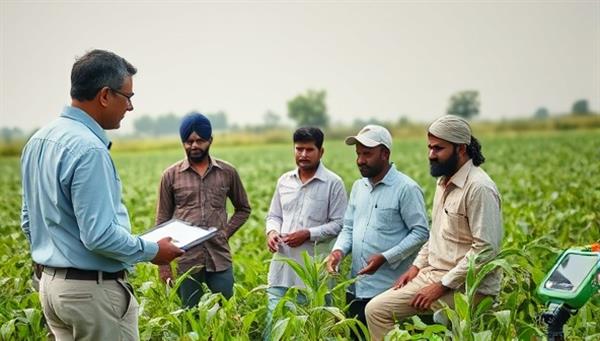 A consultant engaged in a discussion with a group of small farmers in a field, showcasing the exchange of agricultural knowledge and innovative farming techniques, with technology and greenery in the background, symbolizing growth and progress in agriculture.