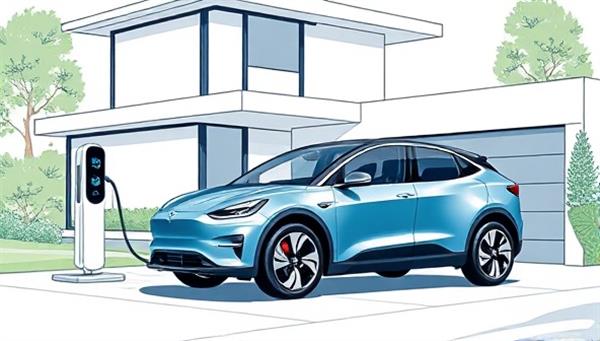 An illustration of a sleek, modern home with a shiny electric vehicle parked in the driveway, connected to a futuristic-looking charging station, showcasing convenience and sustainability.
