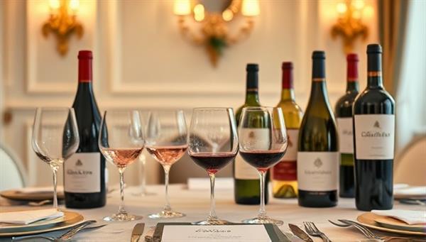 An elegant virtual wine tasting setup with wine glasses, tasting notes, and a selection of wine bottles displayed on a beautifully set table, creating an immersive and sophisticated wine experience atmosphere.