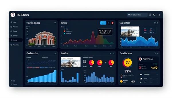 An innovative tech dashboard displaying various real estate data analytics, AR/VR property tours, and blockchain transactions, illustrating the cutting-edge tech solutions and digital transformation expertise offered by TechEstate Solutions.