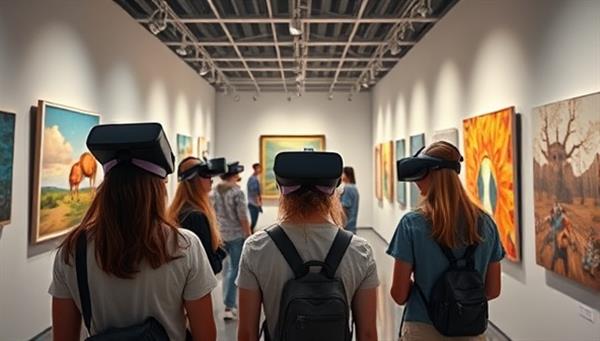 An immersive virtual art gallery showcasing a diverse collection of contemporary artworks, with virtual reality headsets on individuals exploring the gallery, creating a futuristic and interactive art-buying experience.