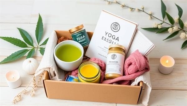 An aesthetic and calming image of a beautifully arranged wellness box filled with green tea, scented candles, yoga accessories, herbal supplements, and a journal, creating a serene and inviting atmosphere that promotes relaxation and well-being for WellnessWonders subscribers.