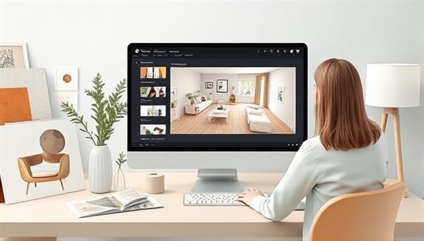 An artistic rendering of a virtual design consultation session, showing a designer presenting a digital mood board and 3D room layout to a client on a computer screen, surrounded by design samples and decor inspirations, illustrating creativity and collaboration.