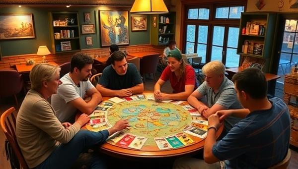 An inviting cafe setting with groups of players gathered around a table, engrossed in a storytelling game session with colorful game pieces, maps, and character cards, fostering a sense of camaraderie and creativity.