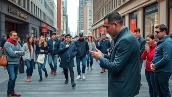An urban street scene with a magician performing a mind-bending trick for a captivated audience, showcasing the excitement and intrigue of a spontaneous street magic show in a bustling city setting.