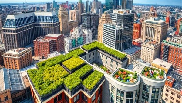 An aerial view of a bustling city skyline with vibrant rooftop gardens on various buildings, showcasing a green oasis amidst the urban landscape and people enjoying the green spaces, highlighting the beauty and functionality of rooftop gardens.