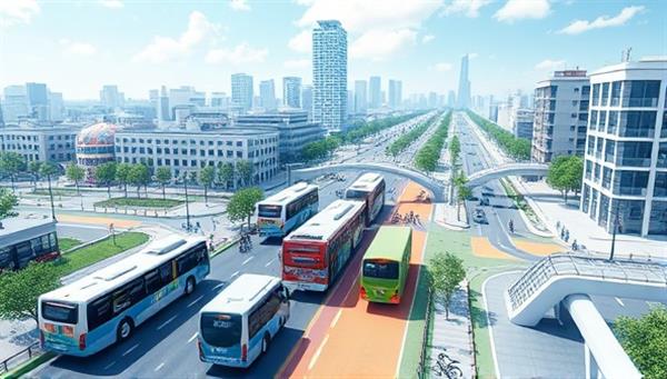 A digital cityscape with interconnected transportation modes like buses, bikes, and pedestrian walkways, illustrating a well-designed urban mobility system envisioned by CityFlow Solutions, with a focus on sustainability and efficiency in urban transportation.