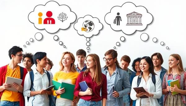 A vibrant and diverse group of students engaged in various academic activities, with thought bubbles above their heads showing icons of different insurance coverages like health, travel, and belongings, illustrating the importance of comprehensive insurance protection for students in different scenarios.