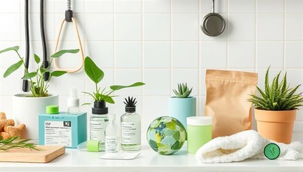 An artistic representation of eco-friendly medical supplies arranged in a healthcare setting, featuring natural elements like plants and recycled materials, highlighting the concept of sustainability and environmental responsibility in healthcare practices.
