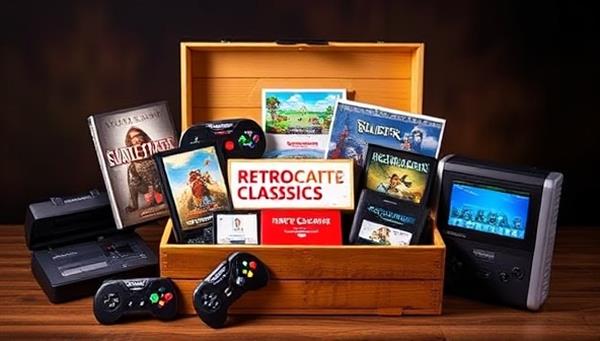 A visually appealing representation of a RetroCrate Classics subscription box, filled with retro gaming consoles, cartridges, posters, and nostalgic items, evoking the essence of classic gaming eras and sparking excitement for subscribers opening their personalized crates.