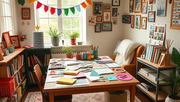A cozy and well-lit crafting corner with a table filled with colorful DIY materials, tools, and a completed craft project, surrounded by inspirational decor and craft books, inviting subscribers to dive into the world of creativity with Crafty Creators Club.