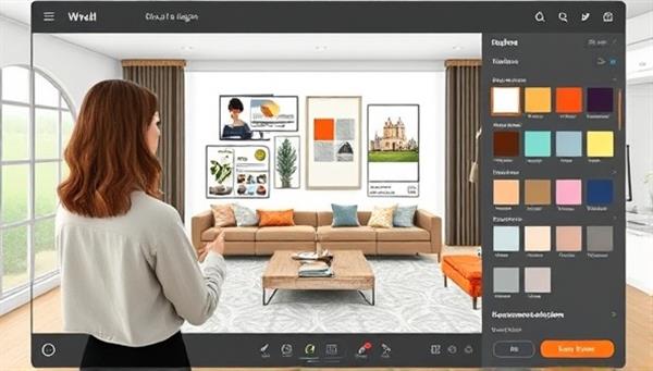 A virtual interior design consultation session featuring a designer presenting a digital mood board and design concepts on a virtual room layout, with interactive design elements, color swatches, and furniture recommendations, illustrating a modern and innovative design approach.