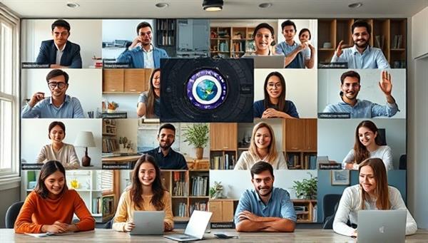 An engaging virtual classroom setting with a diverse group of language learners interacting with native speakers through video calls, language exercises, and cultural exchange activities, fostering an immersive learning experience.