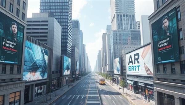 A futuristic cityscape with virtual AR ads overlaid on buildings and streets, showcasing the seamless integration of digital content into the physical world.