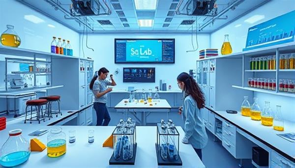 An immersive visual of a virtual science lab filled with scientific equipment, experiments in progress, and interactive data analysis tools, with students and educators actively engaged in hands-on learning experiences within the SciLab Simulate platform, highlighting the practical and educational value of virtual lab simulations.
