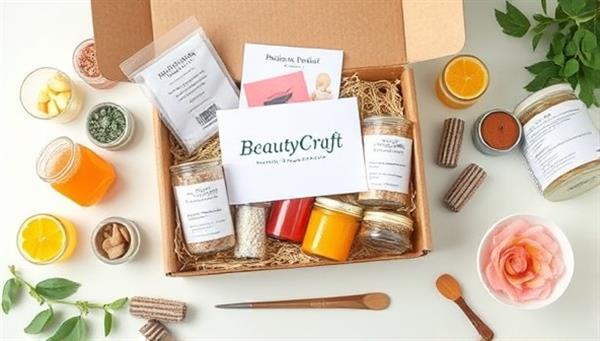 An aesthetically pleasing flat lay of a BeautyCraft Box filled with colorful jars of natural ingredients, recipe cards, and beauty tools, evoking a sense of creativity and self-care.