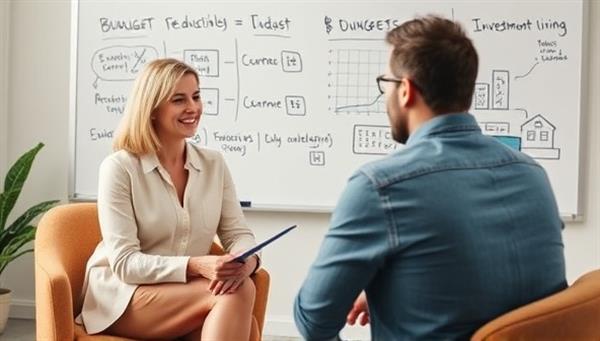 An image of a personal finance coach sitting with a client, discussing financial goals and strategies, with a whiteboard in the background illustrating budgeting concepts and investment options.