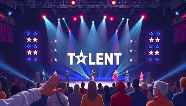 An artistic illustration depicting a virtual talent show stage with spotlights, cheering audience avatars, and contestants showcasing their talents, conveying excitement and creativity.